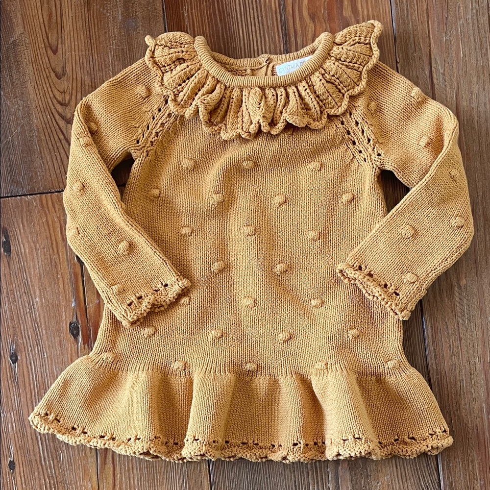 CYNTHIA ROWLEY 6-9M Baby Mustard Knit Popcorn Sweater Ruffle Dress